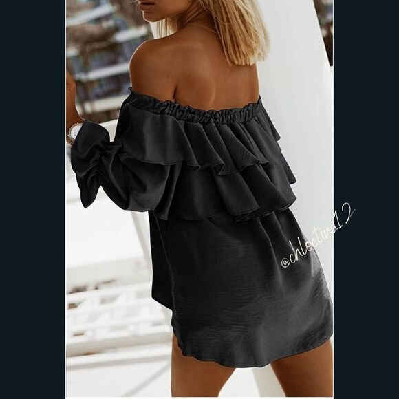 NEW Black Off Shoulder Ruffle Layered Blouse - Picture 2 of 7
